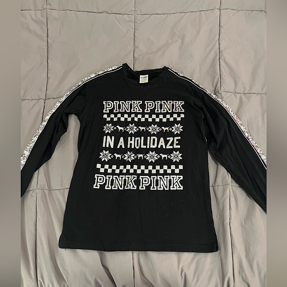 Victoria Secret PINK long sleeve XS black holiday shirt with silver sequins